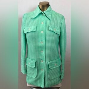 Vintage 1960s Groovy Handmade Green Houndstooth Button Up  Polyester
